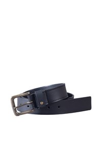 Black leather belt with a smooth texture, featuring a rectangular silver-tone metal buckle and five adjustable holes for sizing.