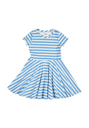 Kurzärmeliges knielanges Kleid mit blau-weiß gestreiftem Muster, oben horizontal und am ausgestellten Rock diagonal.