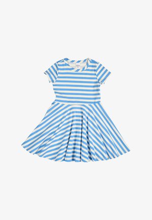 Vestito a maniche corte, lunghezza al ginocchio, con motivo a righe blu e bianche, orizzontale nella parte superiore e diagonale sulla gonna svasata.