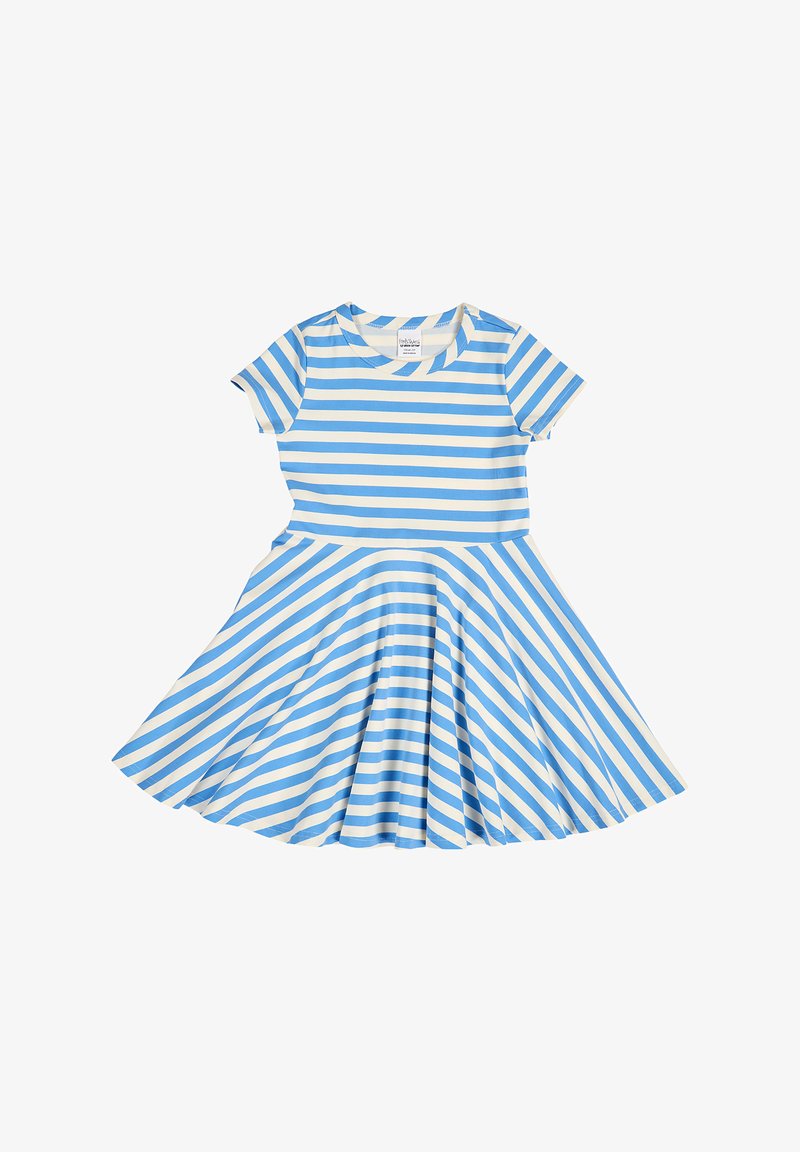 Robe à manches courtes, longueur genou, avec un motif à rayures bleues et blanches, horizontal en haut et diagonal sur la jupe évasée.