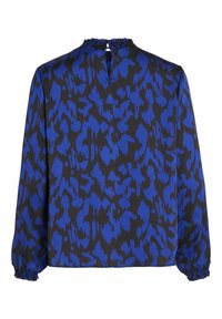 Niebieska i czarna bluzka z długim rękawem, z marszczonym dekoltem i mankietami, z abstrakcyjnym wzorem na całej powierzchni oraz detalem w kształcie łezki z tyłu.