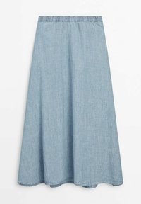 Gonna A-line azzurro chiaro, all'altezza del ginocchio, con cintura elastica e una morbida texture di lino.