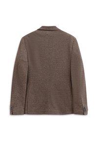 Brauner strukturierter Blazer mit klassischem Revers, geknöpften Manschetten und taillierter Passform, mit einem feinen gewebten Muster über das gesamte Kleidungsstück.