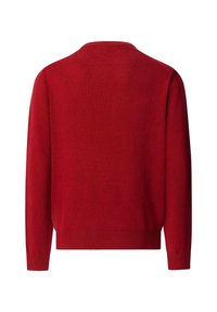 Vue arrière d'un pull rouge uni à manches longues avec des poignets et un ourlet côtelés sur un fond blanc.