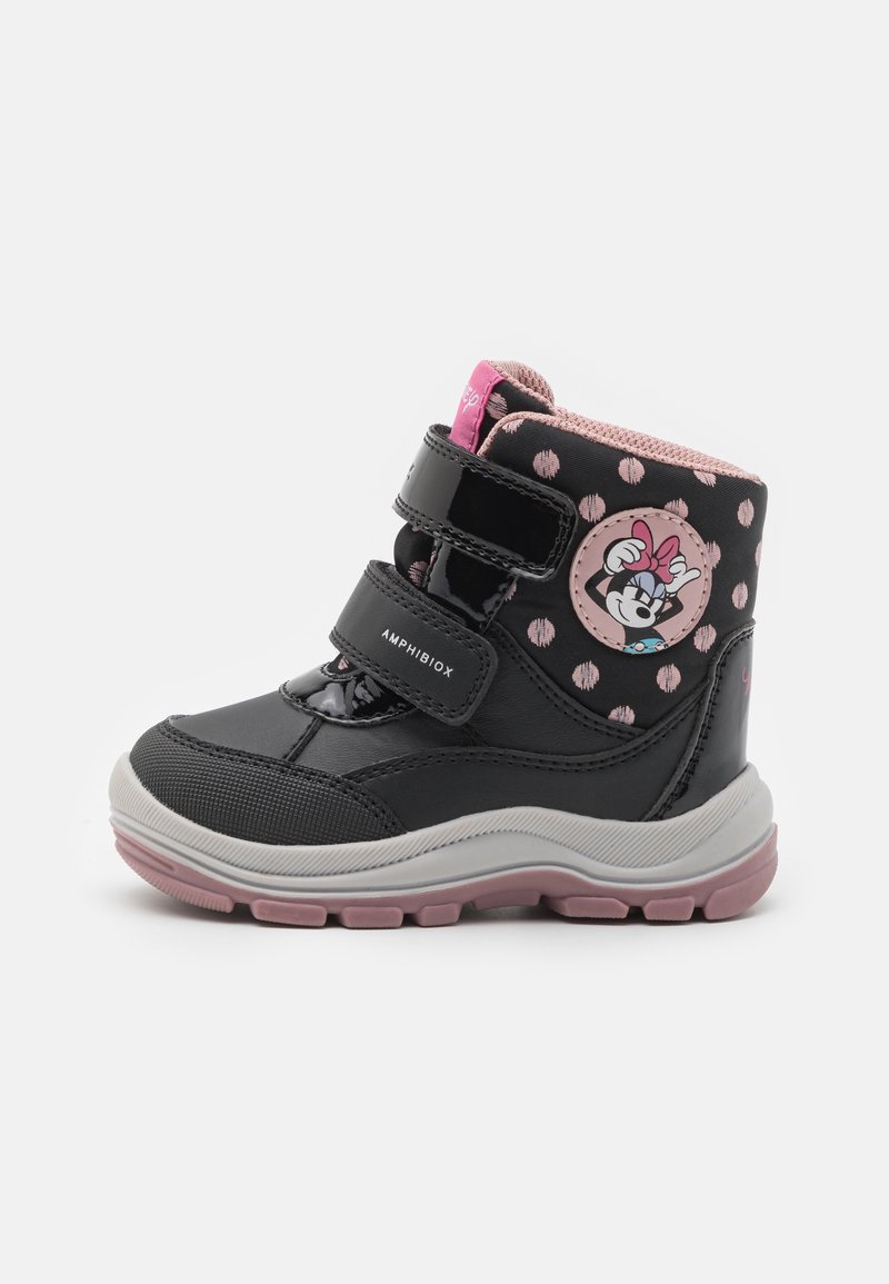 Botte pour enfants noire et rose avec double fermeture velcro, pois, et illustration de Minnie Mouse sur le côté, avec une semelle en caoutchouc épaisse.