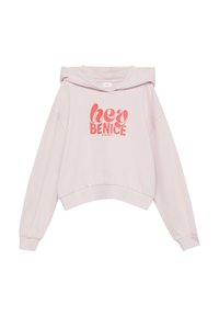 Jasnoróżowa, krótkie bluza z kapturem, wykonana z miękkiego materiału, z wyrazistym czerwonym napisem "hey BENICE" z przodu i sznurkiem do regulacji kapuzy.