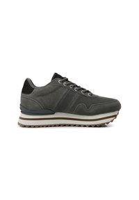 Gray suede sneaker featuring a textured black heel, laced design, and a white sole with brown stripes and a serrated bottom edge.