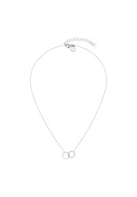 Zilveren ketting met een dubbele ring, waarbij één ring glad is en de andere gedraaid. Voorzien van een verstelbare sluiting en een klein etiket.