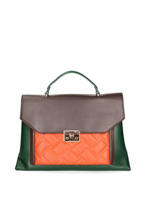Braune, grüne und orangefarbene Lederhandtasche mit Tragegriff oben und goldfarbenem Verschluss, mit einem gesteppten orangefarbenen Fronttaschendesign.