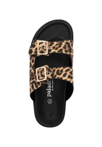 Leopardenmuster-Sandale mit zwei schwarzen Schnallen, schwarzer Sohle und weichem, strukturiertem Obermaterial, mit Akzenten aus goldfarbenem Metall. Größe 37.