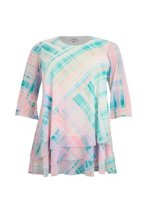 Tunique à carreaux pastel avec ourlet à couches superposées et manches trois-quarts dans des tons de turquoise, rose et blanc sur fond blanc.