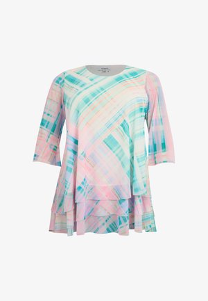 Pastelfarvet ternet tunika med lagdelt skørt og trekvartærmer i nuancer af turkis, pink og hvid på en hvid baggrund.