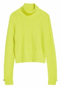 Bright yellow knitted turtleneck sweater with a textured zigzag pattern, ribbed cuffs, and hem. Features a cropped design.