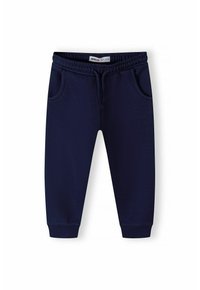 Mörkblå sweatpants med elastiskt midjeband, dragsko och två sidofickor. Med mudd i anklarna och mjukt material, lämpliga för avslappnad användning.