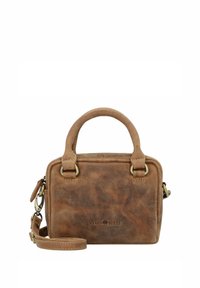 Sac en cuir marron de forme rectangulaire, avec des poignées supérieures et une bandoulière amovible. Dispose de garnitures en laiton et d'un logo en relief.