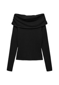 Top negru cu umeri goi, mâneci lungi, decolteu drapat, material moale, design ajustat și lungime scurtă până la talie.