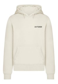 Cremefarbener Kapuzenpullover aus weichem Material. Verfügt über eine Fronttasche und ein bedrucktes Textlogo auf der oberen linken Brust.