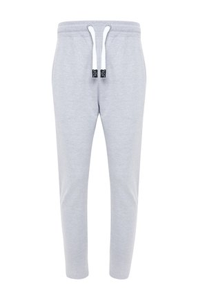 Light gray sweatpants in a tapered design. Made from soft fabric with an elastic waistband and adjustable drawstrings. No pockets.