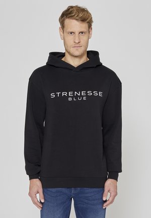 Schwarzer Kapuzenpullover aus Baumwollmischung mit vorderseitigem Logo "STRENESSE BLUE." Verfügt über eine lockere Passform sowie gerippte Bündchen an Ärmeln und Saum.