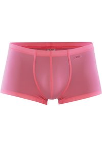 Boxer da uomo rosa realizzati in tessuto liscio e elasticizzato. Presentano una vestibilità aderente con un pouch sagomato e senza cuciture visibili.