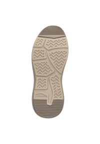 Semelle de chaussure en caoutchouc beige avec un motif de grip texturé. Présente des rainures en zigzag et des lignes horizontales pour l'adhérence. Zone de orteil arrondie.