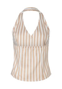Halter-Neck-Top in Weiß mit vertikalen beigen und braunen Streifen. Mit V-Ausschnitt und geraffter Taille für eine taillierte Passform. Glatte Stoffstruktur.
