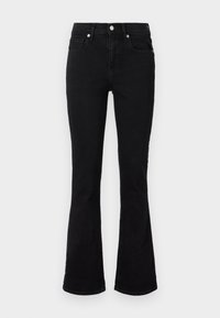 Svarta utsvängda jeans i denim, med medelhög midja, framfickor och knäppning. Slät yta med minimala sömnadsdetaljer.