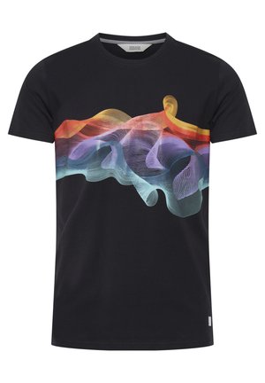 Black cotton t-shirt featuring a colorful, flowing wave pattern in orange, pink, blue, and yellow across the chest. Short sleeves.