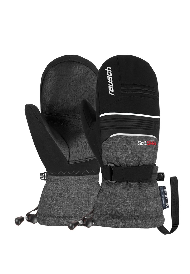 Schwarze und graue Handschuhe mit einer strukturierten Außenseite, Lederhandfläche, verstellbarem Handgelenkband und elastischen Abschlüssen an den Bündchen.