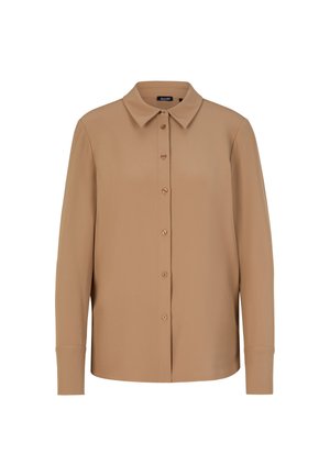 Chemise à manches longues beige en tissu lisse, dotée d'un col et d'une fermeture à boutons à l'avant. Ourlet droit et poignets boutonnés.