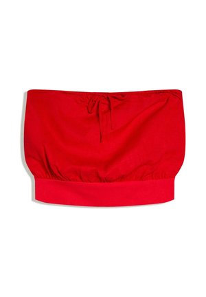 Červený bezramínkový krátký top se stahovací šňůrkou a našitou elastickou páskou na spodním okraji na bílém pozadí.