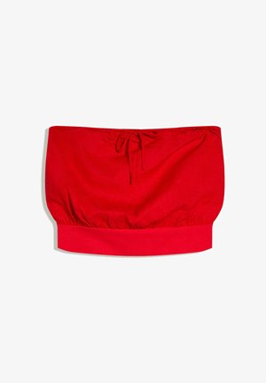 Rotes trägerloses, bauchfreies Oberteil mit Kordelzug und gerafftem, elastischem Bund am unteren Rand vor weißem Hintergrund.