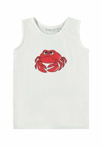 Weißes ärmelloses Tanktop mit einem auffälligen roten Krebs-Graphic auf der Vorderseite. Weiches Baumwollmaterial mit rundem Ausschnitt und sauberen Kanten.