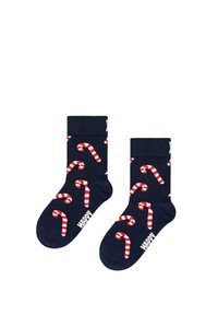 Granatowe skarpetki w wzór cukrowej laski w kolorze czerwonym i białym. Żebrowany mankiet oraz biały napis "HAPPY" na kostce. Materiał mieszanka bawełny.
