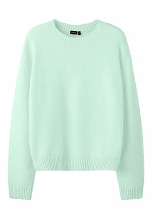 Lysegrøn mintfarvet crewneck-trøje med lange ærmer og ribudskårne manchetter, kant og halsudskæring, lavet af blødt tekstureret stof.