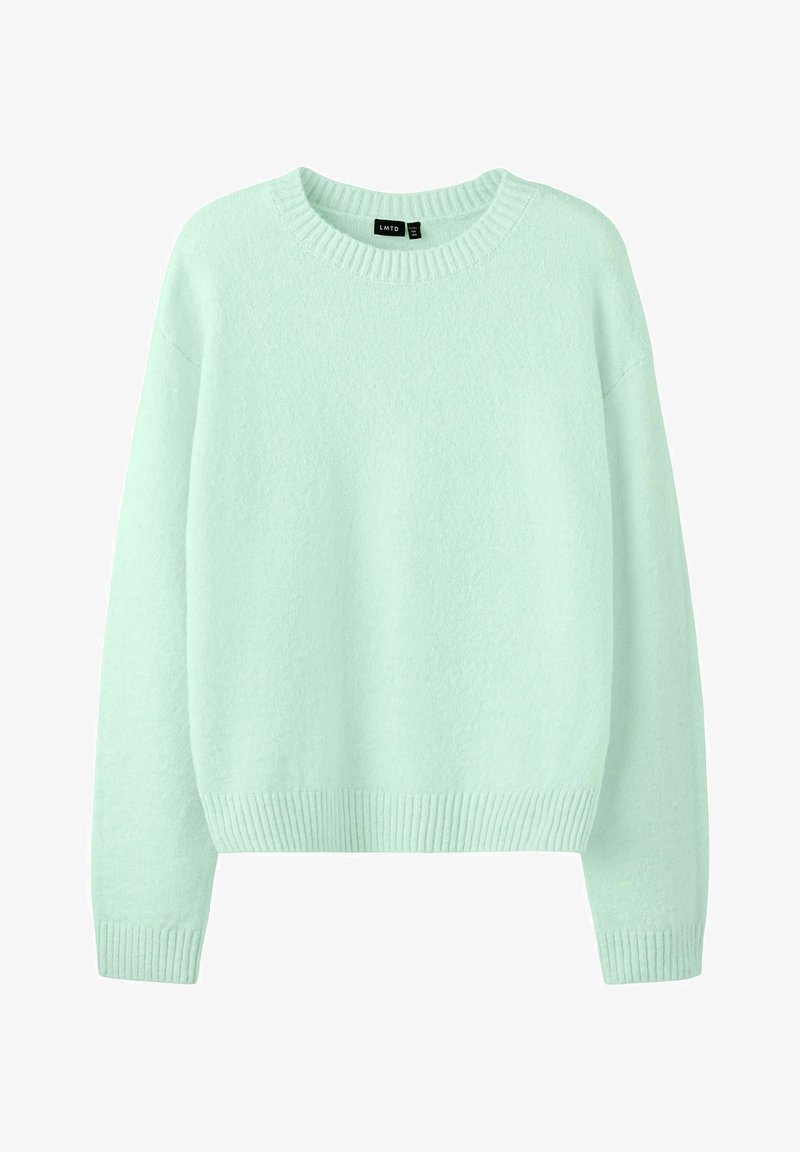 Pull col rond vert menthe clair avec manches longues et poignets, ourlet et encolure côtelés, fabriqué en tissu doux et texturé.