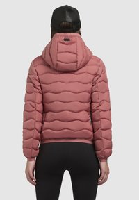 Puffy, quilted jacket in soft pink, featuring a hood, elastic cuffs, and hem; smooth exterior with a subtle wave pattern.