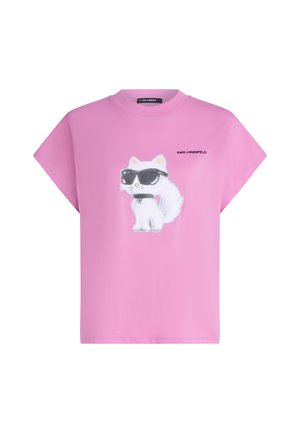 Pink T-shirt with a white cat wearing black sunglasses and collar, "Karl Lagerfeld" text printed beside the cat on the front.