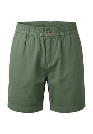 Pantaloncini casual verdi da uomo con vita elastica, chiusura con bottone e tasche laterali, mostrati su sfondo bianco.