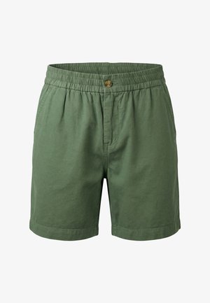 Pantaloncini casual verdi da uomo con vita elastica, chiusura con bottone e tasche laterali, mostrati su sfondo bianco.