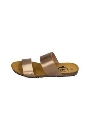 Sandal with two wide, metallic bronze straps and a brown cushioned insole. Features a textured black rubber sole for grip.