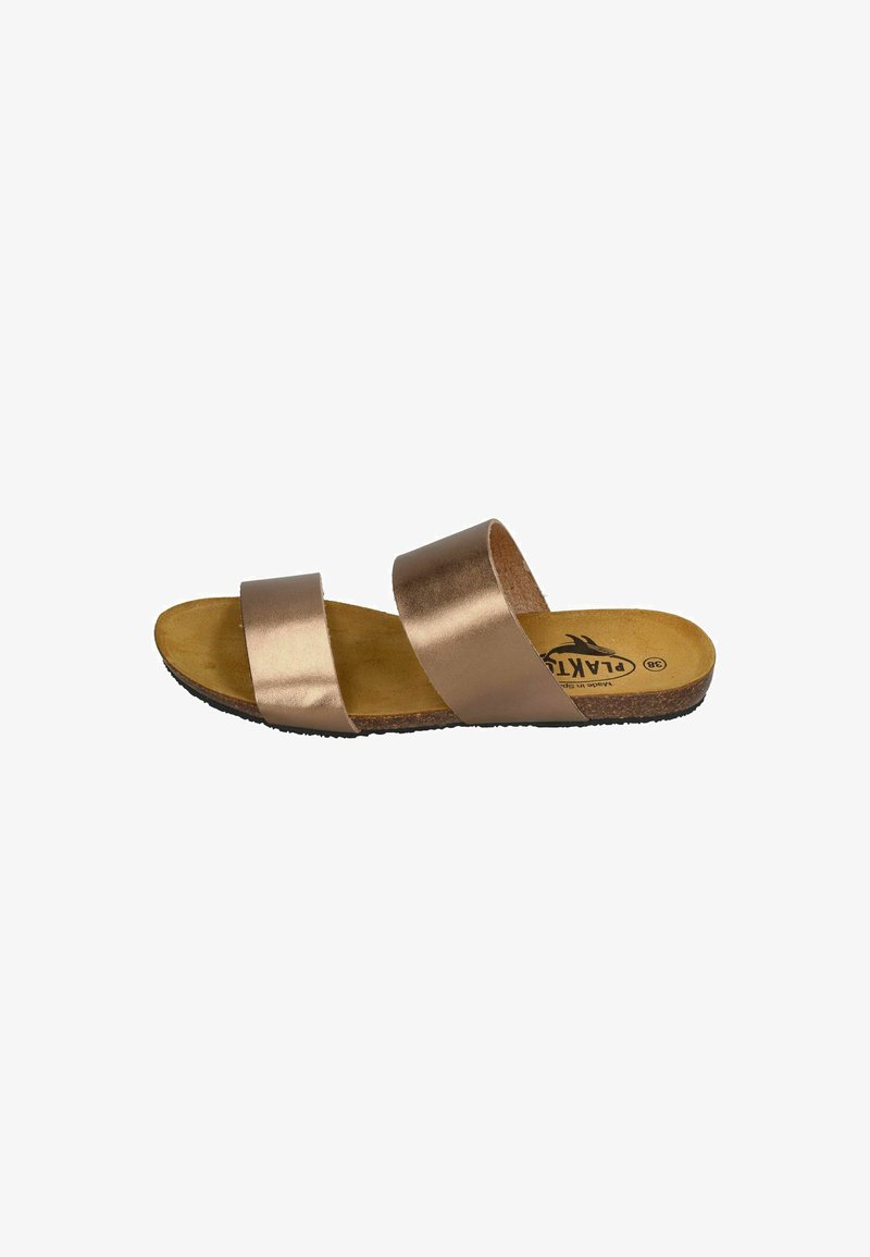 Sandal with two wide, metallic bronze straps and a brown cushioned insole. Features a textured black rubber sole for grip.