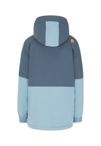 Plava i svijetloplava jakna s kapuljačom, elastičnim rukavima i dizajnom s razdvojenim bojama. Ima logotip na ramenu. Glatka tekstura.