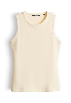 Canotta senza maniche color crema con motivo a coste, scollo rotondo, taglio aderente e etichetta del marchio all'interno del colletto.