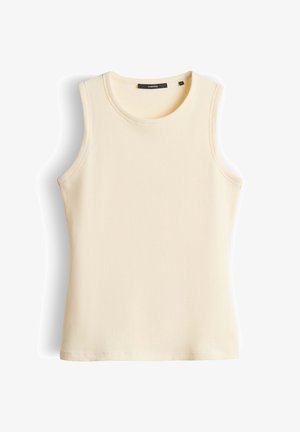 Canotta senza maniche color crema con motivo a coste, scollo rotondo, taglio aderente e etichetta del marchio all'interno del colletto.