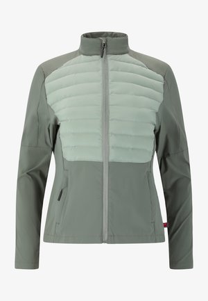 Lightweight jacket with a zip front, featuring a textured, padded chest in soft mint green and smooth matte gray sleeves. Two side pockets.