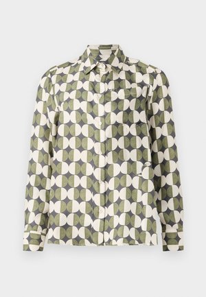 Button-up shirt in lightweight fabric, featuring a repeating pattern of green and cream circles on a gray background. Includes a chest pocket.