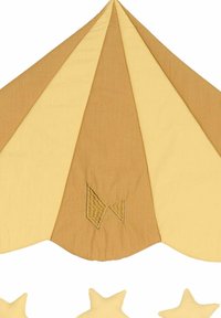 Tent canopy in yellow and light brown fabric with triangular panels, featuring an embroidered geometric detail. Three star-shaped accents below.
