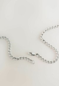 Hõbedast metallist ketiga kaelakee, millel on omavahel ühendatud lingid ja homaari lukustus, sile pind ja läikiv viimistlus.