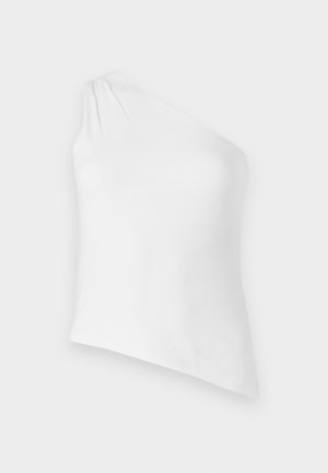 Asimetrična bela majica, dizajn z enim ramenom, narejena iz gladkega blaga. Ima subtilno draperijo na rami, prilegajoč silhuet in čist rob.